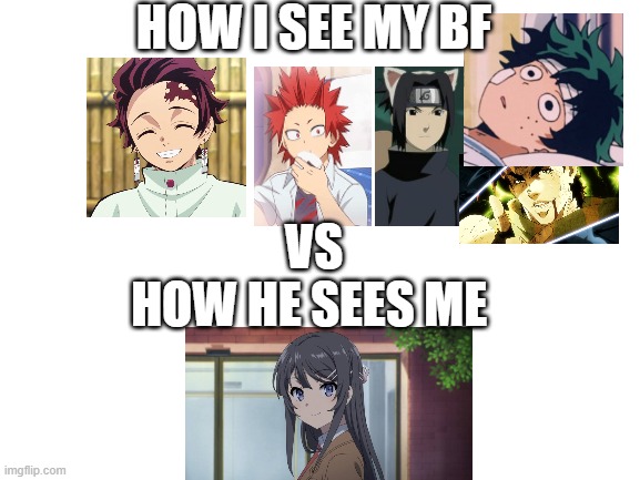 How we see each other as... | HOW I SEE MY BF; VS; HOW HE SEES ME | image tagged in blank white template,bf meme,mha,demon slayer,rascal does not dream of bunny girl senpai,naruto | made w/ Imgflip meme maker