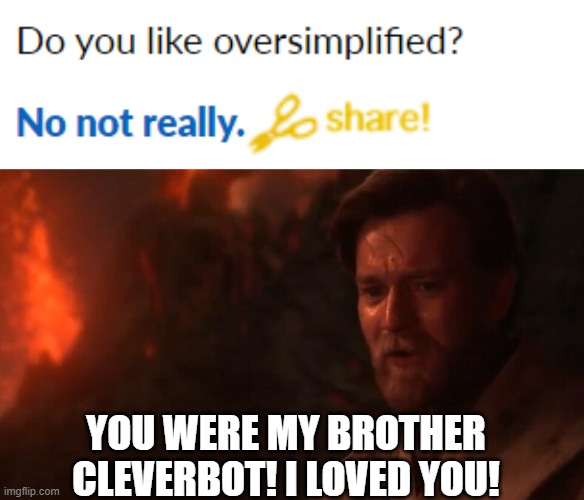 YOU WERE MY BROTHER CLEVERBOT! I LOVED YOU! | image tagged in you were my brother anakin i loved you | made w/ Imgflip meme maker