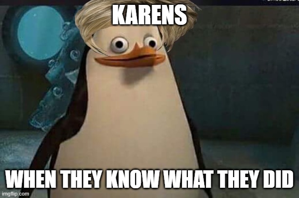 never gonna happen | KARENS; WHEN THEY KNOW WHAT THEY DID | image tagged in madagascar penguin | made w/ Imgflip meme maker