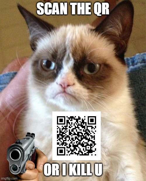 Grumpy Cat Meme | SCAN THE QR; OR I KILL U | image tagged in memes,grumpy cat | made w/ Imgflip meme maker