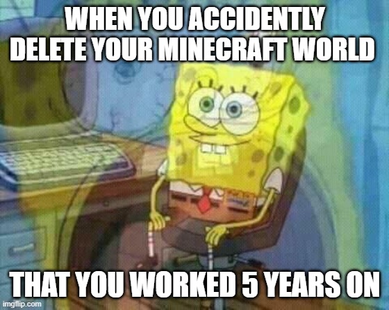 F in the chat | WHEN YOU ACCIDENTLY DELETE YOUR MINECRAFT WORLD; THAT YOU WORKED 5 YEARS ON | image tagged in spongebob panic inside | made w/ Imgflip meme maker