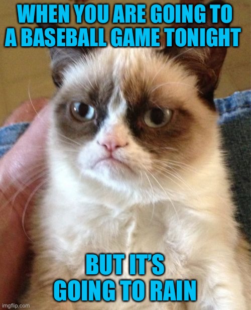 Like S H I T. I’m supposed to go to one tonight and it’s gonna rain. NO. it is not a national team. | WHEN YOU ARE GOING TO A BASEBALL GAME TONIGHT; BUT IT’S GOING TO RAIN | image tagged in memes,grumpy cat,baseball,oof,rain,sadness | made w/ Imgflip meme maker