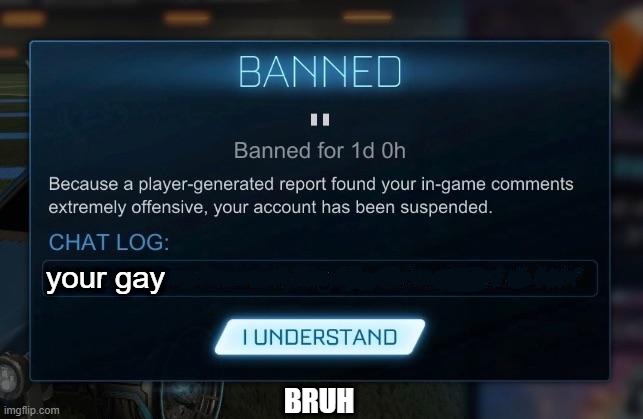 Rocket League Ban | your gay BRUH | image tagged in rocket league ban | made w/ Imgflip meme maker