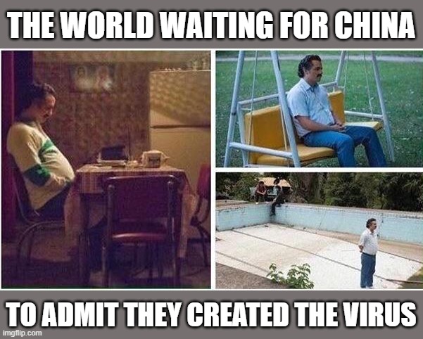 Lonely Pablo | THE WORLD WAITING FOR CHINA; TO ADMIT THEY CREATED THE VIRUS | image tagged in lonely pablo,china,covid,corona,lab | made w/ Imgflip meme maker