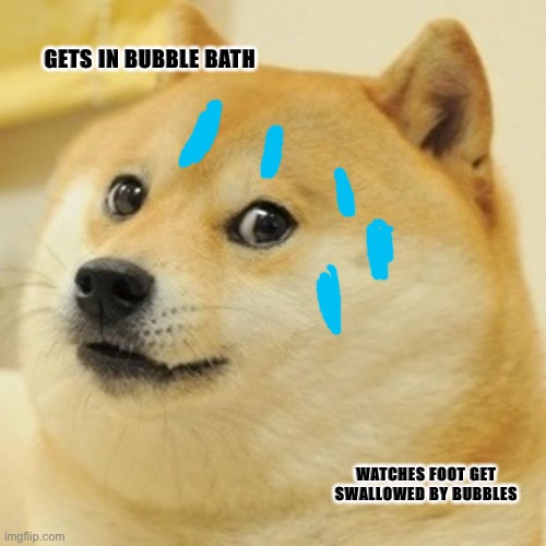 Scared doge | GETS IN BUBBLE BATH; WATCHES FOOT GET SWALLOWED BY BUBBLES | image tagged in memes,doge | made w/ Imgflip meme maker