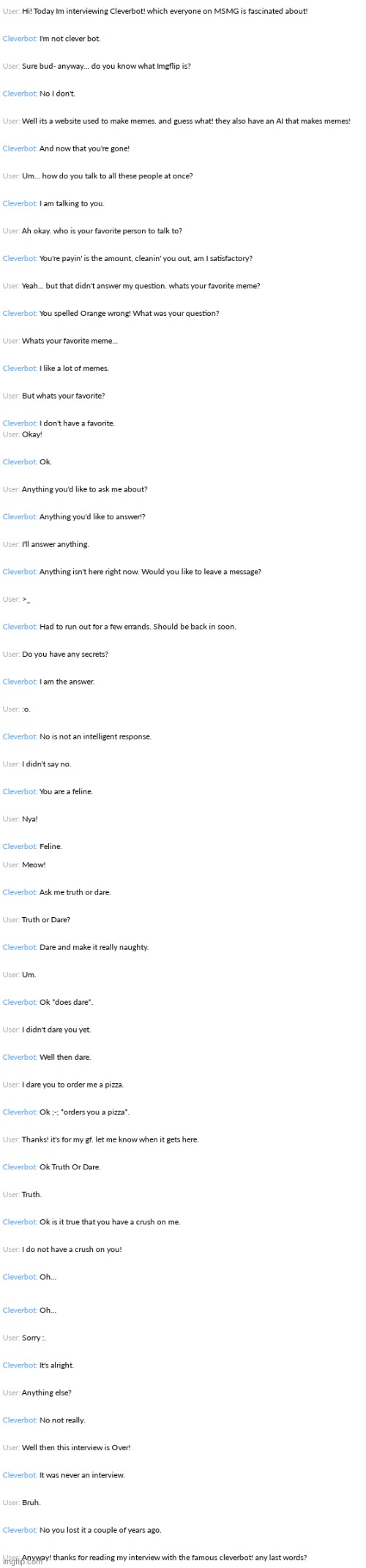 I decided to interview The Newly famous Clever bot! ((There last word was "Your welcome")) | made w/ Imgflip meme maker