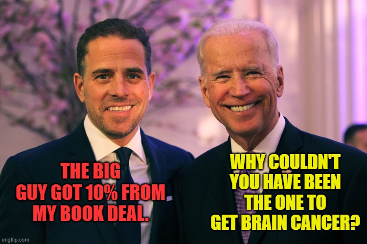 Joe and Hunter Biden | THE BIG GUY GOT 10% FROM MY BOOK DEAL. WHY COULDN'T YOU HAVE BEEN THE ONE TO GET BRAIN CANCER? | image tagged in joe and hunter biden | made w/ Imgflip meme maker