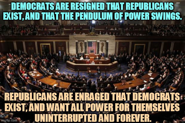 GOP = jerks. | DEMOCRATS ARE RESIGNED THAT REPUBLICANS EXIST, AND THAT THE PENDULUM OF POWER SWINGS. REPUBLICANS ARE ENRAGED THAT DEMOCRATS 
EXIST, AND WANT ALL POWER FOR THEMSELVES 
UNINTERRUPTED AND FOREVER. | image tagged in congress,democrats,serious,republicans,jerks | made w/ Imgflip meme maker