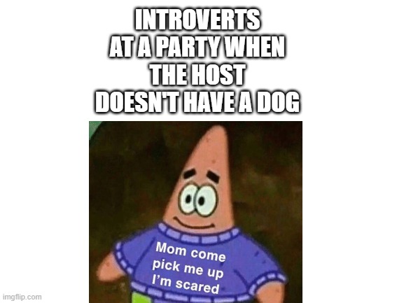 this is me | INTROVERTS AT A PARTY WHEN THE HOST DOESN'T HAVE A DOG | image tagged in patrick mom come pick me up i'm scared,introvert | made w/ Imgflip meme maker