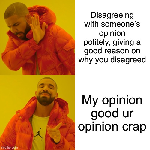 Drake Hotline Bling Meme | Disagreeing with someone’s opinion politely, giving a good reason on why you disagreed; My opinion good ur opinion crap | image tagged in memes,cheeseburger | made w/ Imgflip meme maker