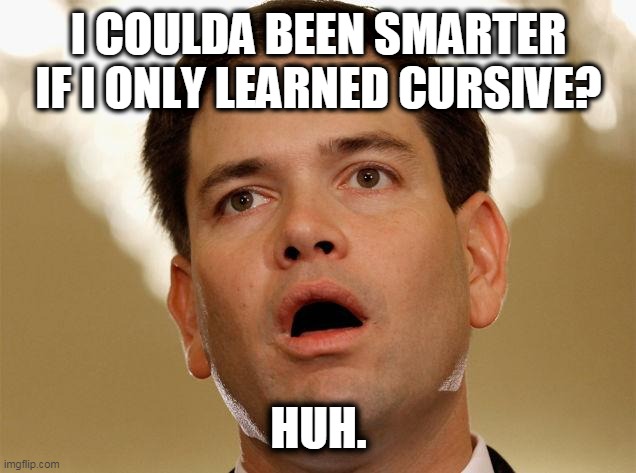 I coulda been smarter | I COULDA BEEN SMARTER IF I ONLY LEARNED CURSIVE? HUH. | image tagged in little marco rubio,sumb,stupid,moron | made w/ Imgflip meme maker