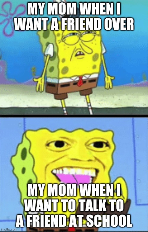 MEME.mp3 | MY MOM WHEN I WANT A FRIEND OVER; MY MOM WHEN I WANT TO TALK TO A FRIEND AT SCHOOL | image tagged in spongebob money | made w/ Imgflip meme maker