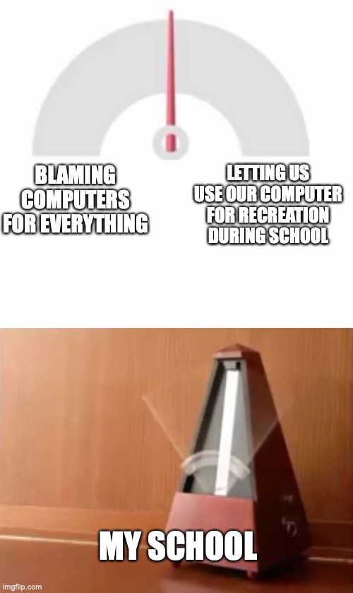at least for my school lol | LETTING US USE OUR COMPUTER FOR RECREATION DURING SCHOOL; BLAMING COMPUTERS FOR EVERYTHING; MY SCHOOL | image tagged in metronome | made w/ Imgflip meme maker