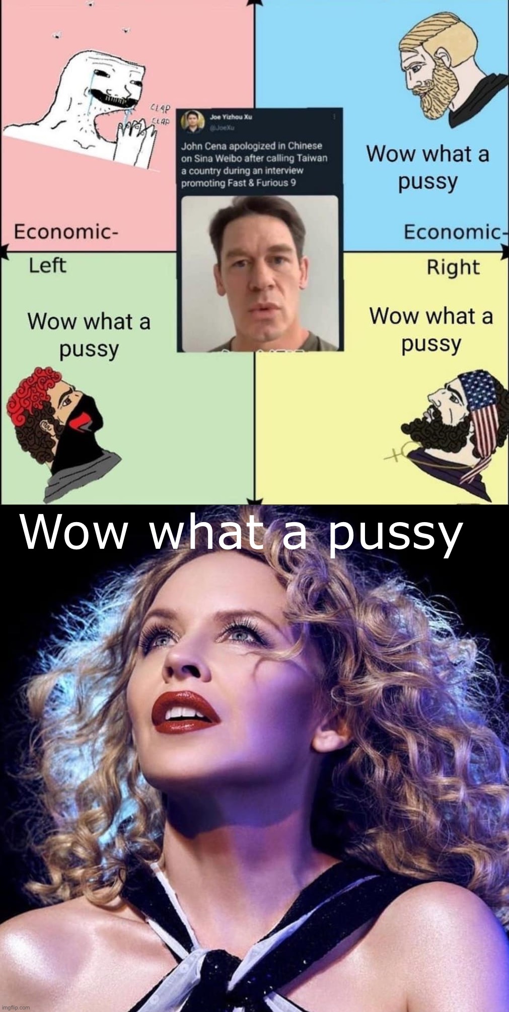 Even Kylie hated that one, John | Wow what a pussy | image tagged in john cena wow what a pussy political compass,kylie fascinated,taiwan,john cena,pussy,china | made w/ Imgflip meme maker