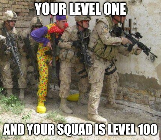 Army clown | YOUR LEVEL ONE; AND YOUR SQUAD IS LEVEL 100 | image tagged in army clown | made w/ Imgflip meme maker