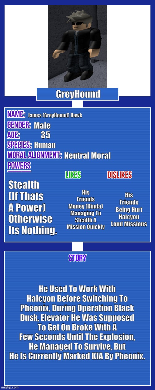 OC full showcase V2 | GreyHound; James (GreyHound) Hawk; Male; 35; Human; Neutral Moral; Stealth (If Thats A Power) Otherwise Its Nothing. His Friends Being Hurt
Halcyon
Loud Missions; His Friends
Money (Kinda)
Managing To Stealth A Mission Quickly; He Used To Work With Halcyon Before Switching To Pheonix, During Operation Black Dusk, Elevator He Was Supposed To Get On Broke With A Few Seconds Until The Explosion, He Managed To Survive, But He Is Currently Marked KIA By Pheonix. | image tagged in oc full showcase v2 | made w/ Imgflip meme maker