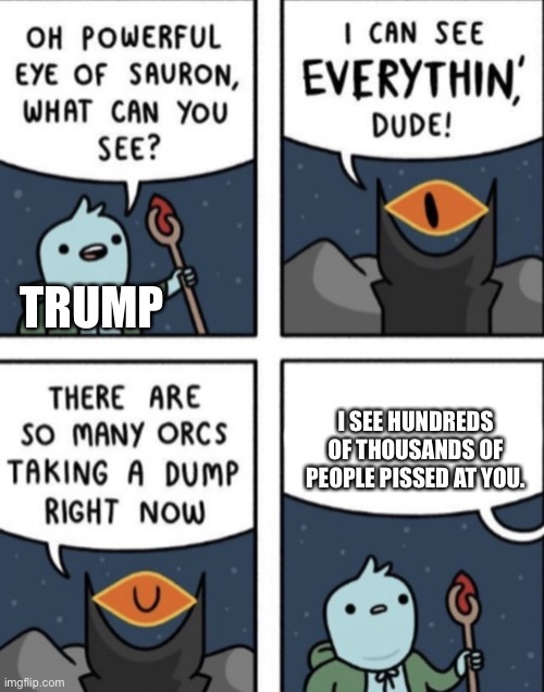 A title that stands out | TRUMP; I SEE HUNDREDS OF THOUSANDS OF PEOPLE PISSED AT YOU. | image tagged in eye of sauron,memes | made w/ Imgflip meme maker