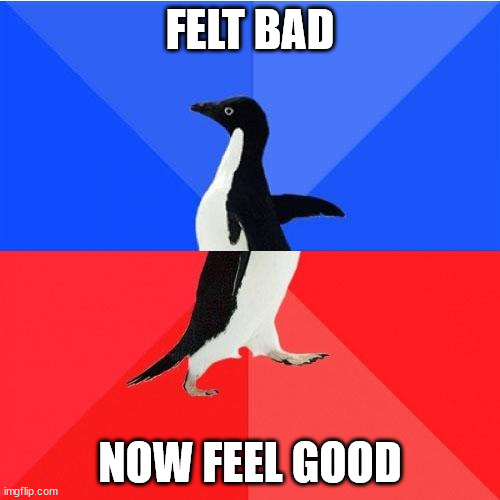 Socially Awkward Awesome Penguin Meme | FELT BAD; NOW FEEL GOOD | image tagged in memes,socially awkward awesome penguin | made w/ Imgflip meme maker