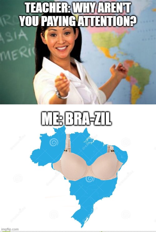 Brazil | TEACHER: WHY AREN'T YOU PAYING ATTENTION? ME: BRA-ZIL | image tagged in useless highschool teacher | made w/ Imgflip meme maker
