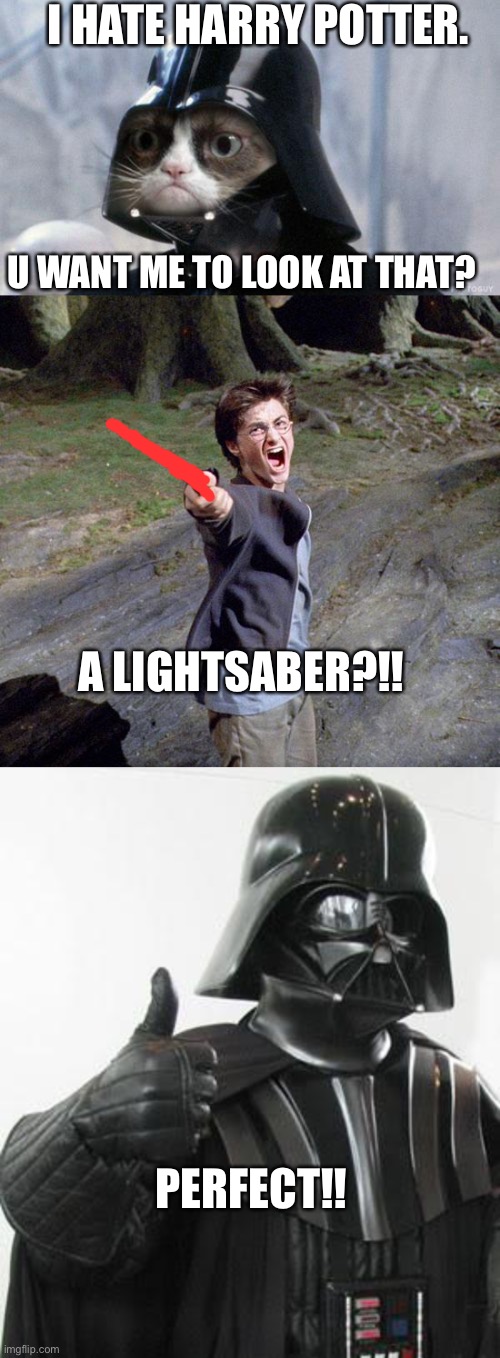 Haha!! Harry darth Vader!! | I HATE HARRY POTTER. U WANT ME TO LOOK AT THAT? A LIGHTSABER?!! PERFECT!! | image tagged in memes,grumpy cat star wars,harry potter,darth vader approves | made w/ Imgflip meme maker