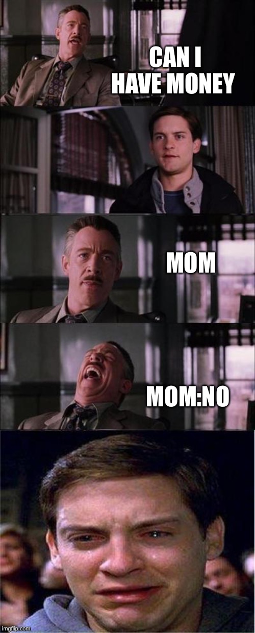 Peter Parker Cry | CAN I HAVE MONEY; MOM; MOM:NO | image tagged in memes,peter parker cry | made w/ Imgflip meme maker