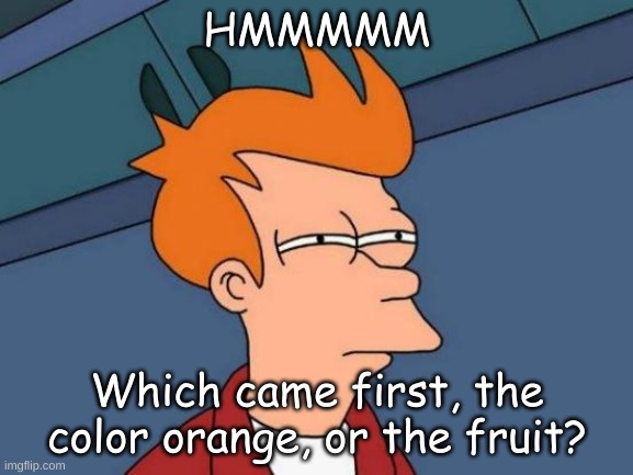 Hmmm | HMMMMM; Which came first, the color orange, or the fruit? | image tagged in memes,futurama fry | made w/ Imgflip meme maker