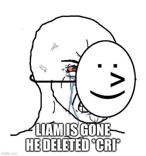 Pretending To Be Happy, Hiding Crying Behind A Mask | LIAM IS GONE HE DELETED *CRI* | image tagged in pretending to be happy hiding crying behind a mask | made w/ Imgflip meme maker