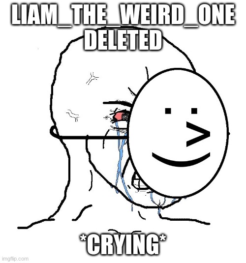 *internal screaming* | LIAM_THE_WEIRD_ONE DELETED; *CRYING* | image tagged in pretending to be happy hiding crying behind a mask | made w/ Imgflip meme maker