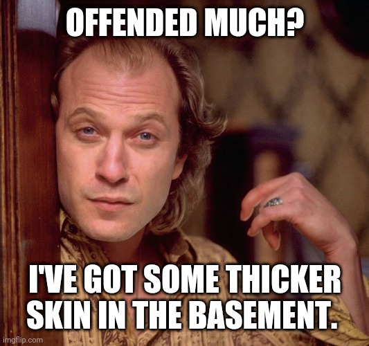 Offended? | OFFENDED MUCH? I'VE GOT SOME THICKER SKIN IN THE BASEMENT. | image tagged in offended | made w/ Imgflip meme maker