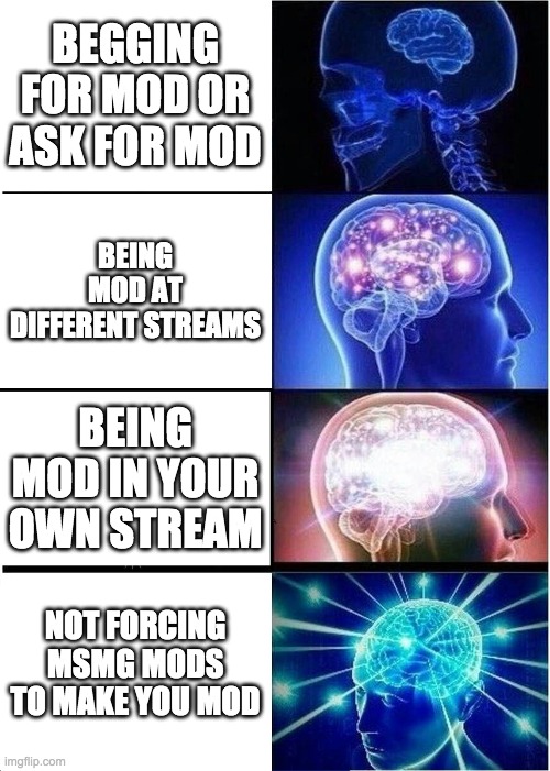 Expanding Brain | BEGGING FOR MOD OR ASK FOR MOD; BEING MOD AT DIFFERENT STREAMS; BEING MOD IN YOUR OWN STREAM; NOT FORCING MSMG MODS TO MAKE YOU MOD | image tagged in memes,expanding brain | made w/ Imgflip meme maker