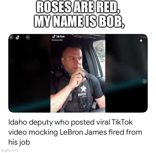 ROSES ARE RED, 
MY NAME IS BOB, | image tagged in stop reading the tags,police,karma | made w/ Imgflip meme maker