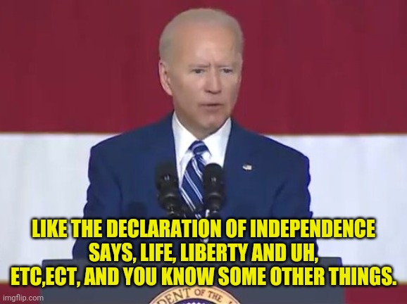 biden Quoting the Declaration of Independence | LIKE THE DECLARATION OF INDEPENDENCE SAYS, LIFE, LIBERTY AND UH, ETC,ECT, AND YOU KNOW SOME OTHER THINGS. | image tagged in joe biden,traitor,election fraud,declaration of independence | made w/ Imgflip meme maker