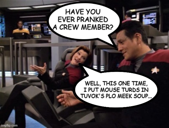 Um, He's Right Over There Captain | HAVE YOU EVER PRANKED A CREW MEMBER? WELL, THIS ONE TIME, I PUT MOUSE TURDS IN TUVOK'S PLO MEEK SOUP... | image tagged in janeway meme bridge | made w/ Imgflip meme maker