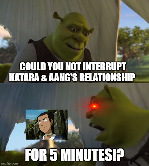 And Sokka said no to that! | COULD YOU NOT INTERRUPT KATARA & AANG'S RELATIONSHIP; FOR 5 MINUTES!? | image tagged in could you not ___ for 5 minutes,shrek,avatar the last airbender,avatar,sokka | made w/ Imgflip meme maker