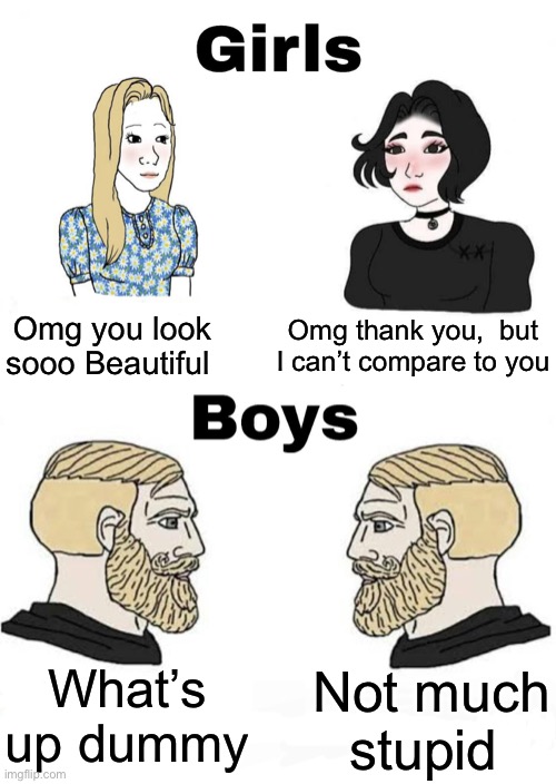 Literally how we act | Omg thank you,  but I can’t compare to you; Omg you look sooo Beautiful; Not much stupid; What’s up dummy | image tagged in girls vs boys | made w/ Imgflip meme maker