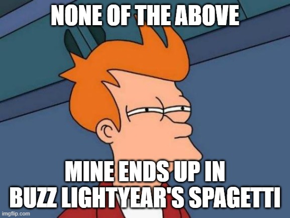 Futurama Fry Meme | NONE OF THE ABOVE MINE ENDS UP IN BUZZ LIGHTYEAR'S SPAGETTI | image tagged in memes,futurama fry | made w/ Imgflip meme maker