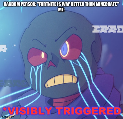 Error Sans Visibly Triggered | RANDOM PERSON: "FORTNITE IS WAY BETTER THAN MINECRAFT."
ME: | image tagged in error sans visibly triggered | made w/ Imgflip meme maker