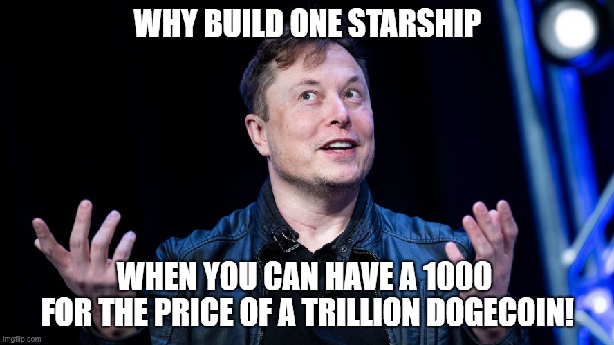 Why build one starship when you can have a 1000 | WHY BUILD ONE STARSHIP; WHEN YOU CAN HAVE A 1000 
FOR THE PRICE OF A TRILLION DOGECOIN! | image tagged in starship,sn15,elon musk,spacex,mars,dogecoin | made w/ Imgflip meme maker