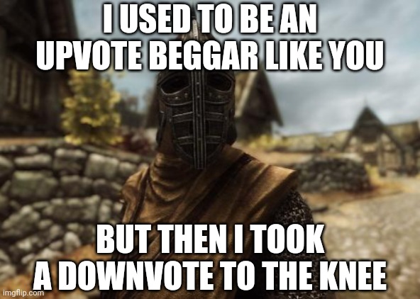 'Twas terrible... | I USED TO BE AN UPVOTE BEGGAR LIKE YOU; BUT THEN I TOOK A DOWNVOTE TO THE KNEE | image tagged in upvote,downvote,arrow to the knee,syrim,wtf,why | made w/ Imgflip meme maker