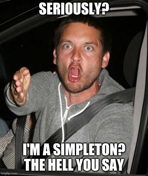 Tobey reacting to being called a simpleton | SERIOUSLY? I'M A SIMPLETON? THE HELL YOU SAY | image tagged in tobey maguire very upset | made w/ Imgflip meme maker