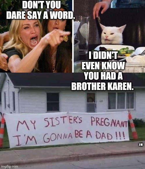 DON'T YOU DARE SAY A WORD. I DIDN'T EVEN KNOW YOU HAD A BROTHER KAREN. J M | image tagged in smudge the cat | made w/ Imgflip meme maker