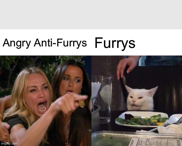 Furrys Vs anti furrys | Angry Anti-Furrys; Furrys | image tagged in memes,woman yelling at cat | made w/ Imgflip meme maker