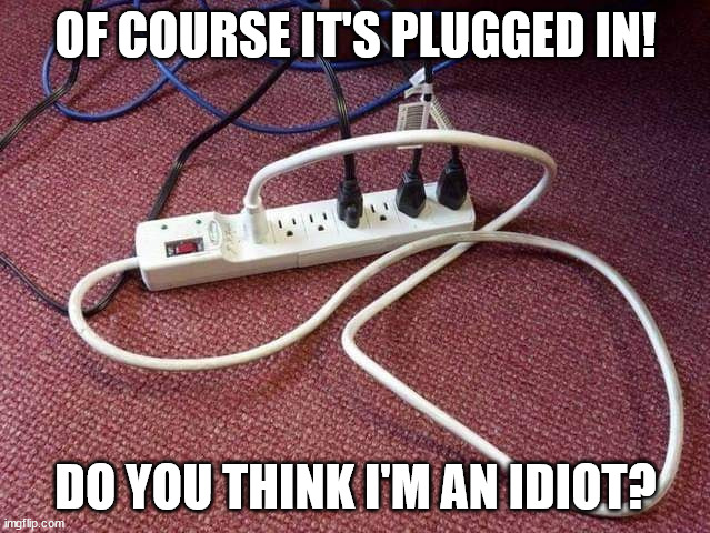 Of course it's plugged in | OF COURSE IT'S PLUGGED IN! DO YOU THINK I'M AN IDIOT? | image tagged in idiot | made w/ Imgflip meme maker