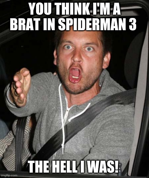 tobey maguire very upset | YOU THINK I'M A BRAT IN SPIDERMAN 3; THE HELL I WAS! | image tagged in tobey maguire very upset | made w/ Imgflip meme maker
