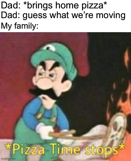 If I could explain my year in one meme | Dad: *brings home pizza*; Dad: guess what we’re moving; My family: | image tagged in pizza time stops | made w/ Imgflip meme maker