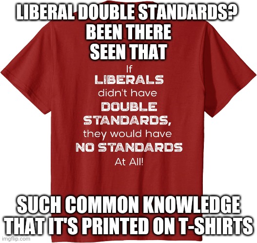 LIBERAL DOUBLE STANDARDS? 
BEEN THERE
SEEN THAT SUCH COMMON KNOWLEDGE
THAT IT'S PRINTED ON T-SHIRTS | made w/ Imgflip meme maker