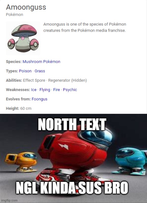 SUS | NORTH TEXT; NGL KINDA SUS BRO | image tagged in sus,amogus,among us,pokemon | made w/ Imgflip meme maker