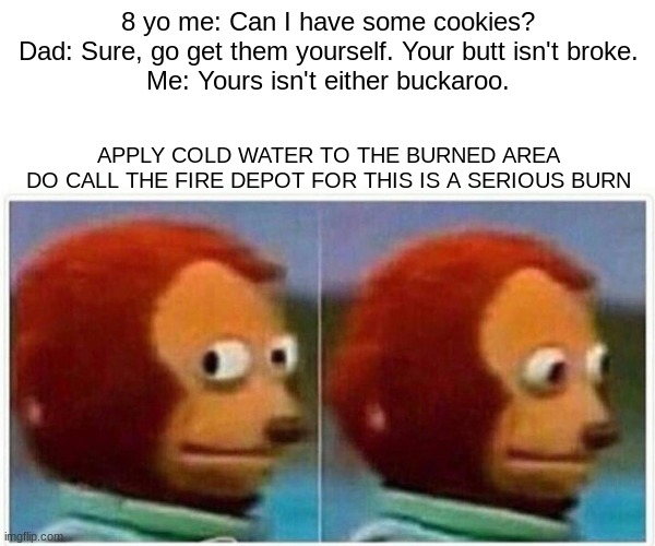 Monkey Puppet | 8 yo me: Can I have some cookies?
Dad: Sure, go get them yourself. Your butt isn't broke.
Me: Yours isn't either buckaroo. APPLY COLD WATER TO THE BURNED AREA
DO CALL THE FIRE DEPOT FOR THIS IS A SERIOUS BURN | image tagged in memes,monkey puppet | made w/ Imgflip meme maker