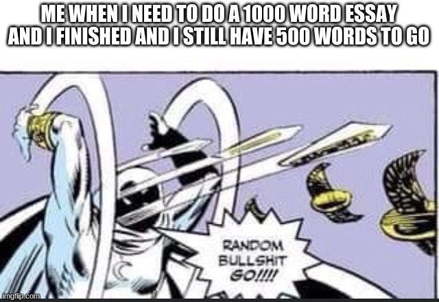 Essay | ME WHEN I NEED TO DO A 1000 WORD ESSAY AND I FINISHED AND I STILL HAVE 500 WORDS TO GO | image tagged in random bullshit go | made w/ Imgflip meme maker