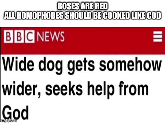wide dog supremacy | ROSES ARE RED
ALL HOMOPHOBES SHOULD BE COOKED LIKE COD | image tagged in roses are red,rose,dog | made w/ Imgflip meme maker